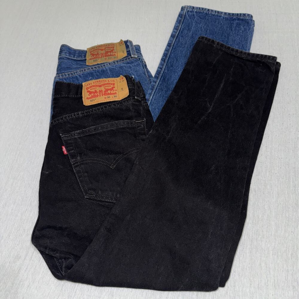 Levi 501 Original Fit Button Fly JeansDenim Men 30x30 Black Blue (Lot Of 2) EUC